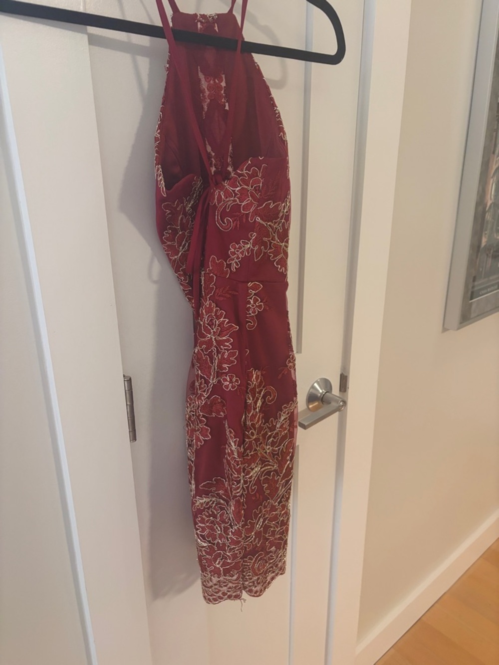 Embroidered Halter Neck Bodycon Dress - Burgundy - Picture 3 of 3